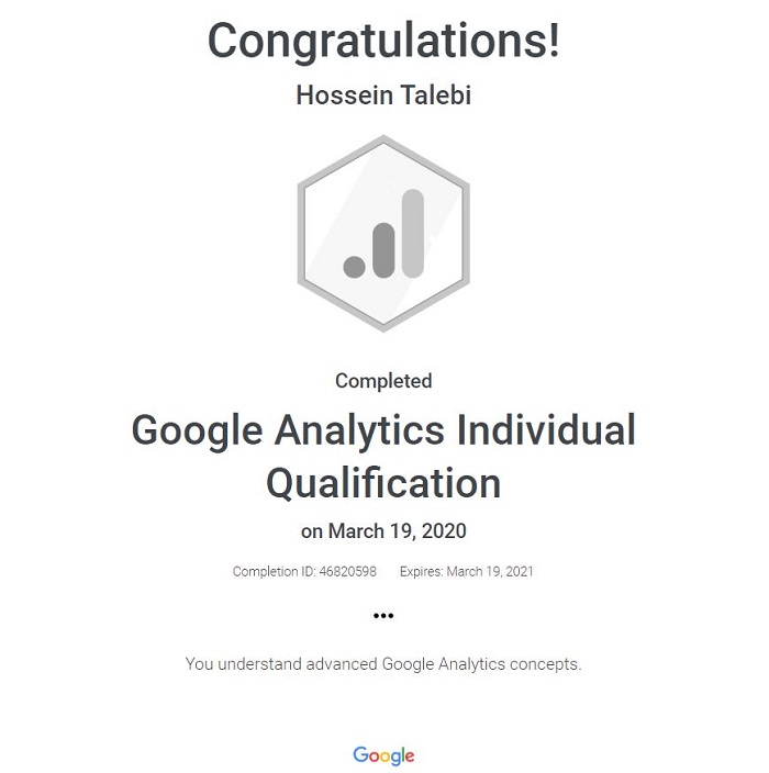 مدرک گوگل آنالیتیک - Google Analytics Individual Qualification Certificate